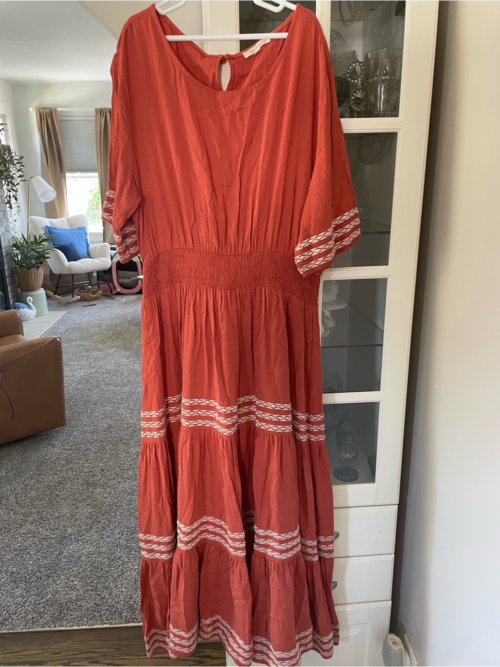 Rust Orange Tiered Maxi Dress with White Trim